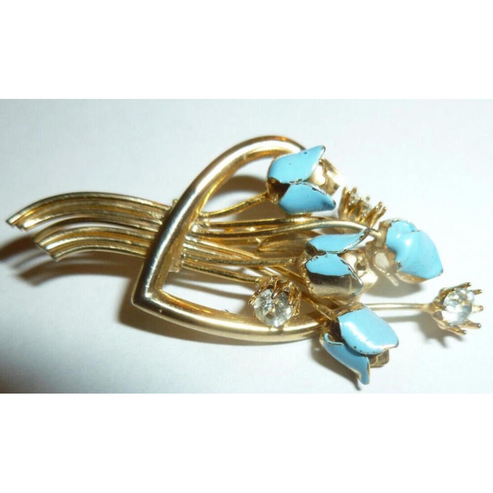 Vintage Enamel Pin Brooch Rhinestones Boquet Lilly Valley‎ Heart Small Detailed